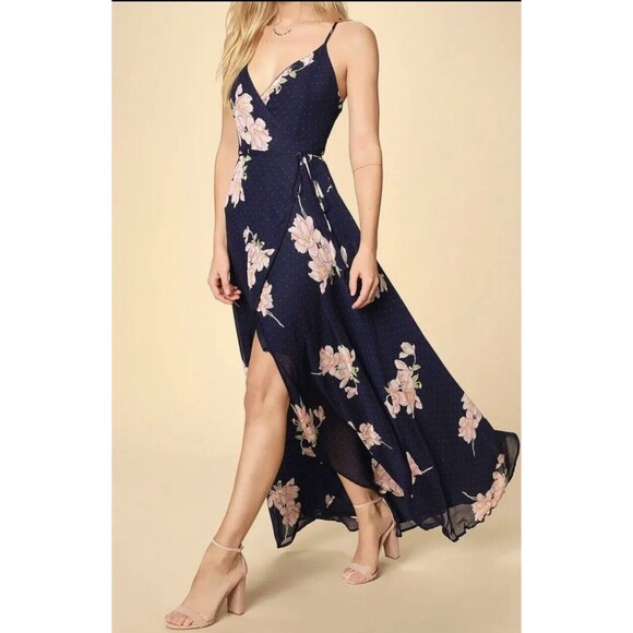 Lulus Maxi Dress Loiselle Navy Blue Floral Print Polka Dot Wrap Dress Size XS - Picture 1 of 10